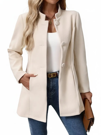 Femme Veste mi-longue à Col Montant et Boutons Apparents