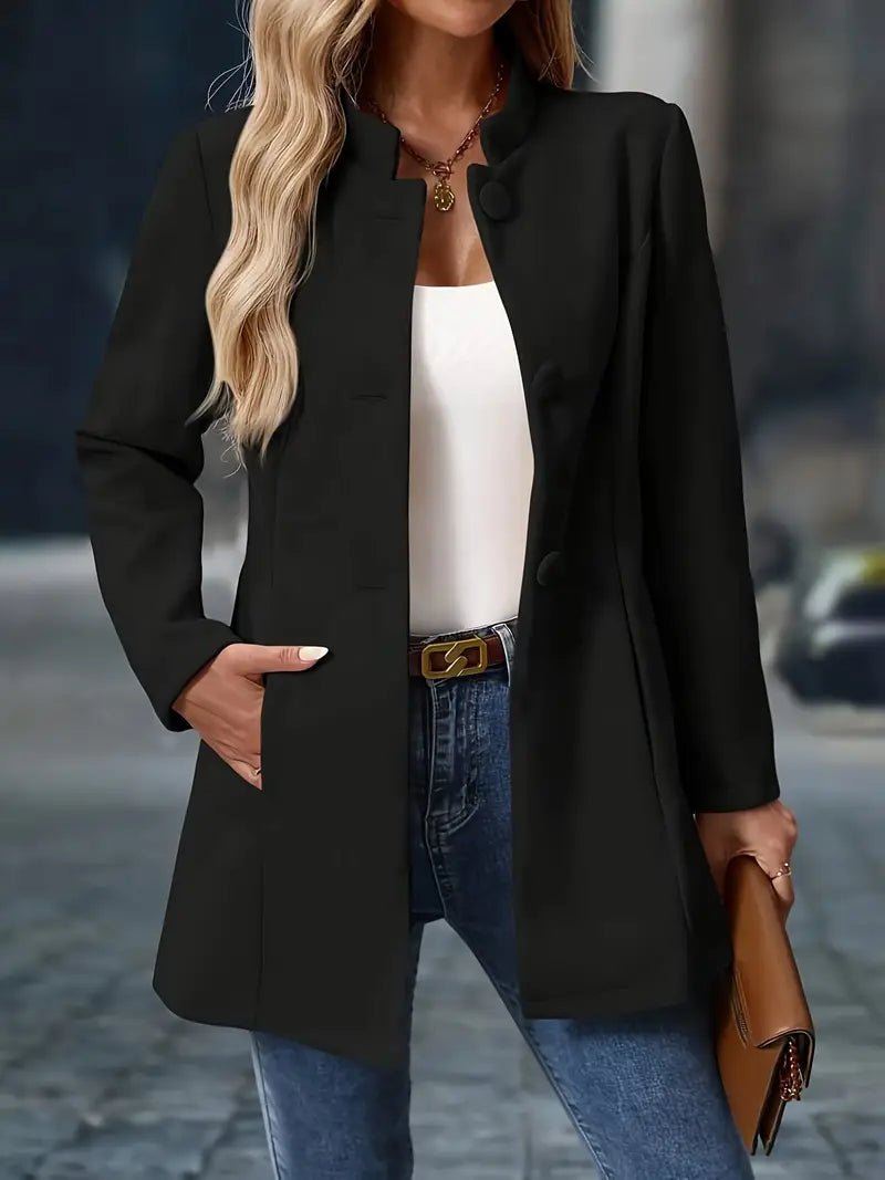 Femme Veste mi-longue à Col Montant et Boutons Apparents