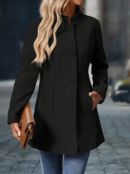 Femme Veste mi-longue à Col Montant et Boutons Apparents