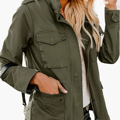 Femme Veste Militaire à Capuche avec Poches et Cordon de Serrage