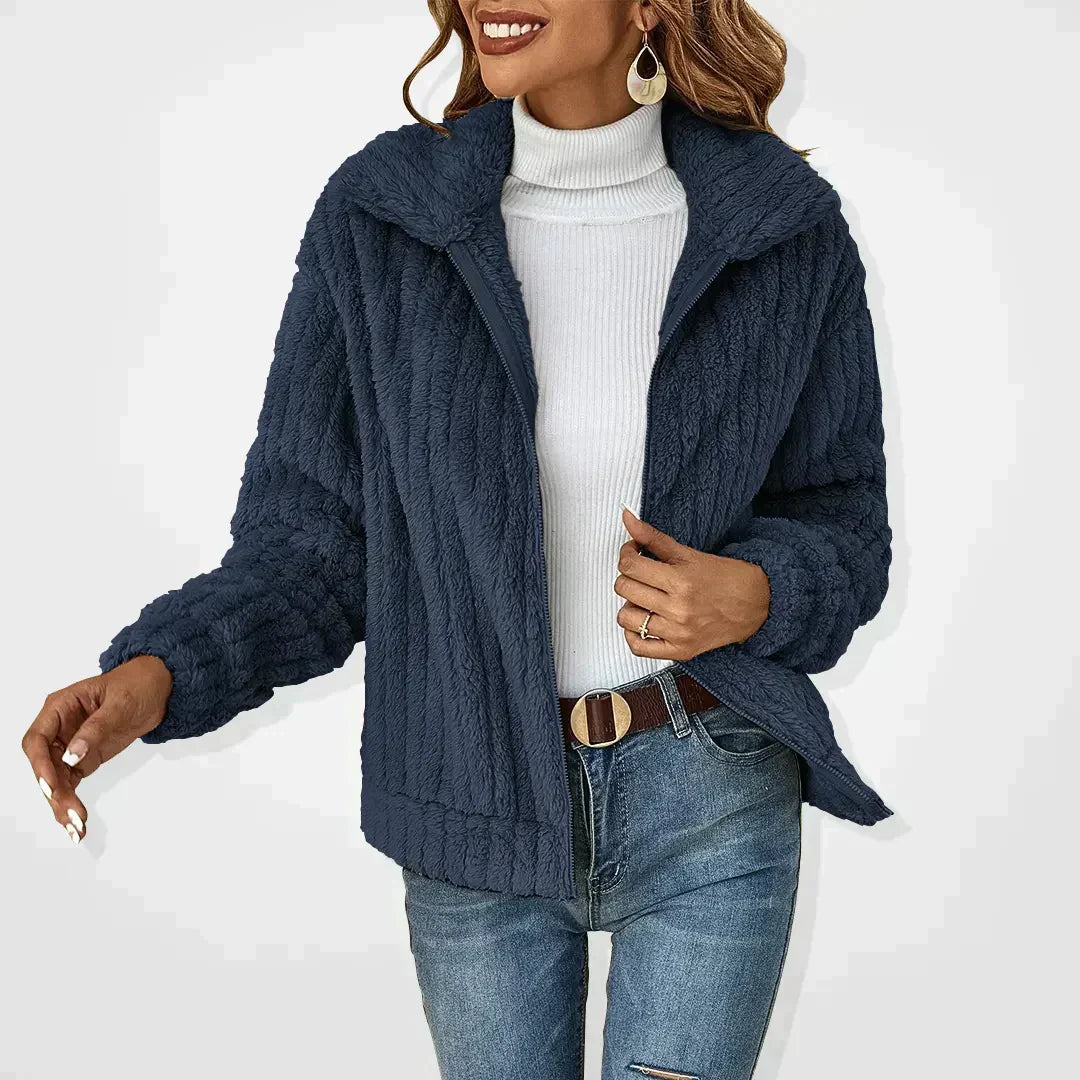 Femme Veste Teddy Manches Longues avec Col Rabattu et Fermeture Éclair
