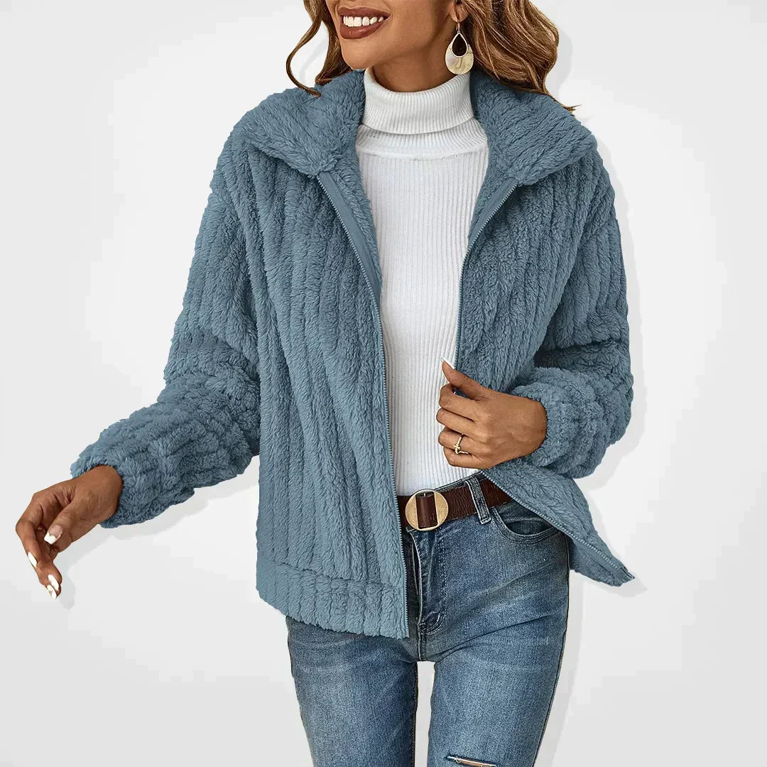 Femme Veste Teddy Manches Longues avec Col Rabattu et Fermeture Éclair