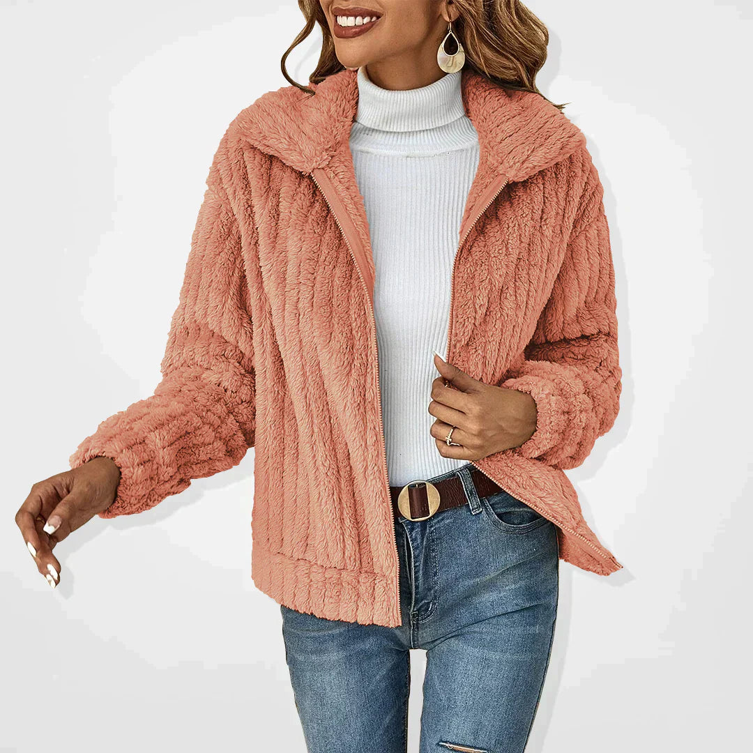 Femme Veste Teddy Manches Longues avec Col Rabattu et Fermeture Éclair
