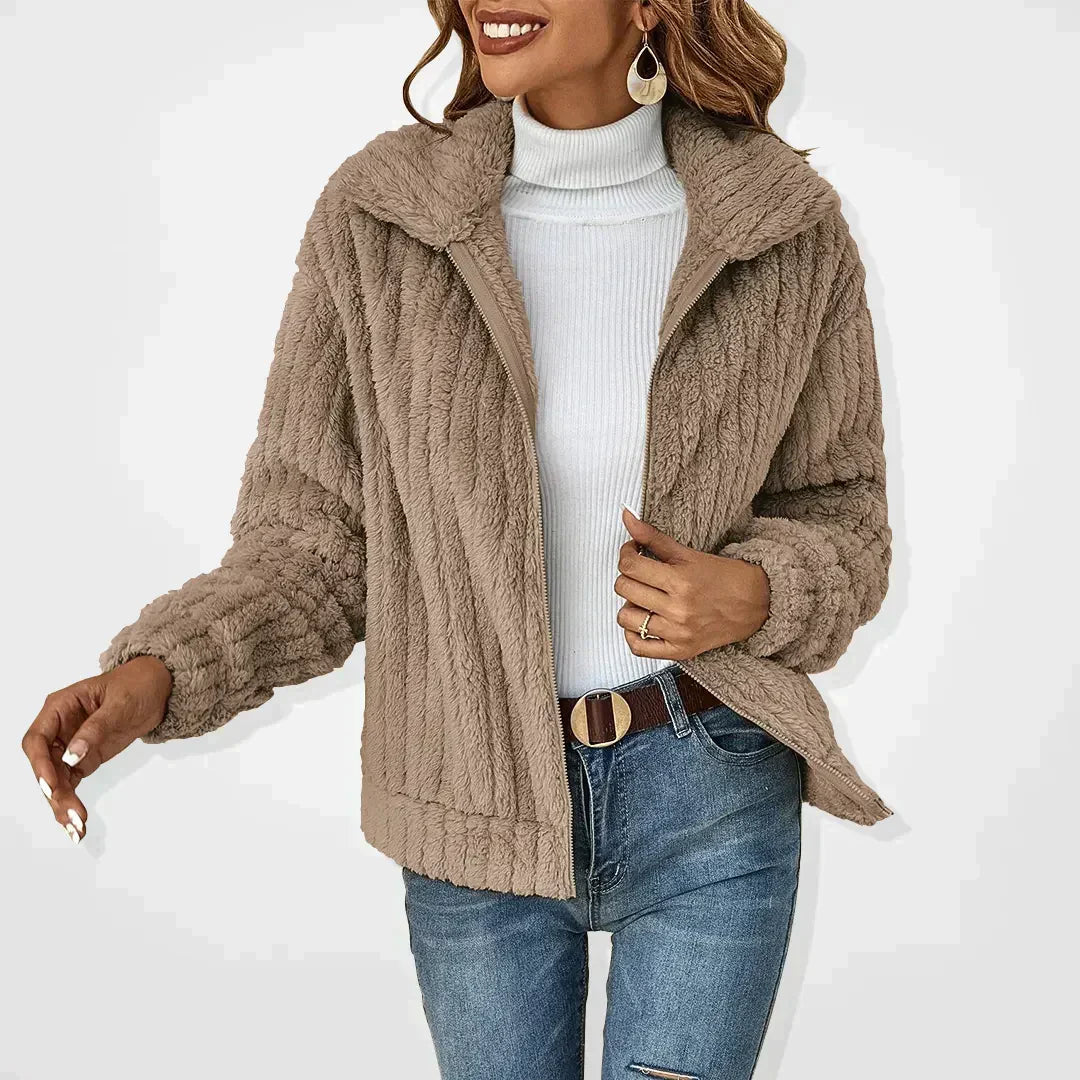 Femme Veste Teddy Manches Longues avec Col Rabattu et Fermeture Éclair