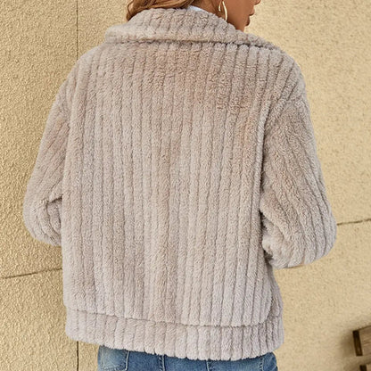 Femme Veste Teddy Manches Longues avec Col Rabattu et Fermeture Éclair