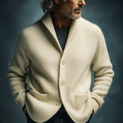 Homme Cardigan à Col Châle avec Fermeture Boutons et Poches Plaquées