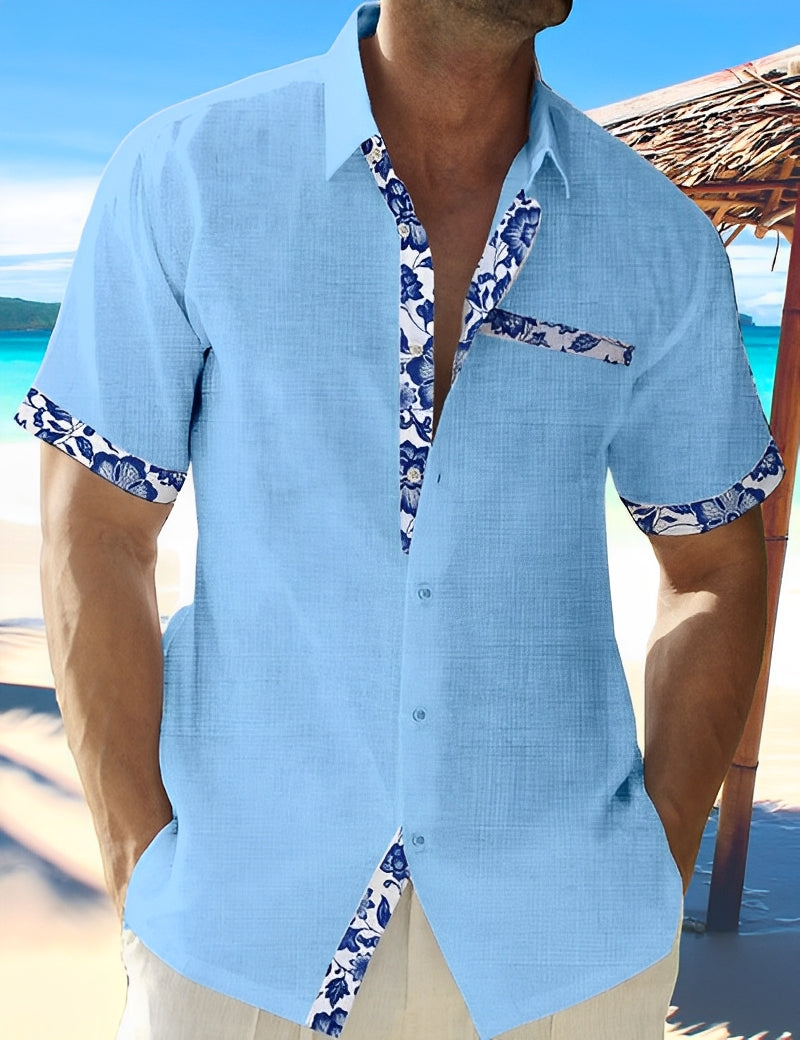 Homme Chemise Courte Manche avec Garnitures Fleuries et Poche Poitrine