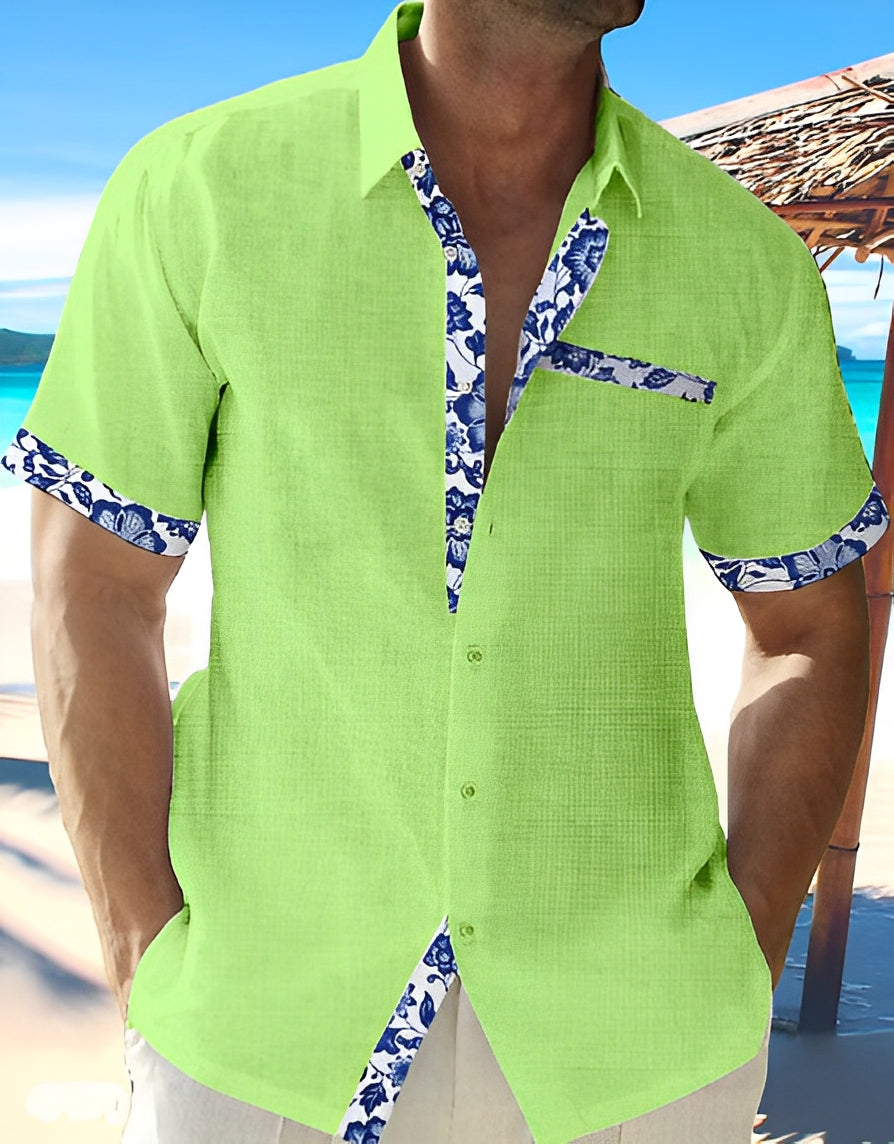 Homme Chemise Courte Manche avec Garnitures Fleuries et Poche Poitrine