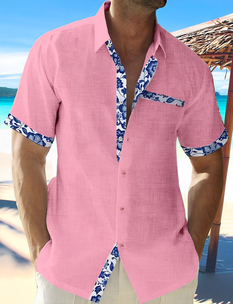 Homme Chemise Courte Manche avec Garnitures Fleuries et Poche Poitrine