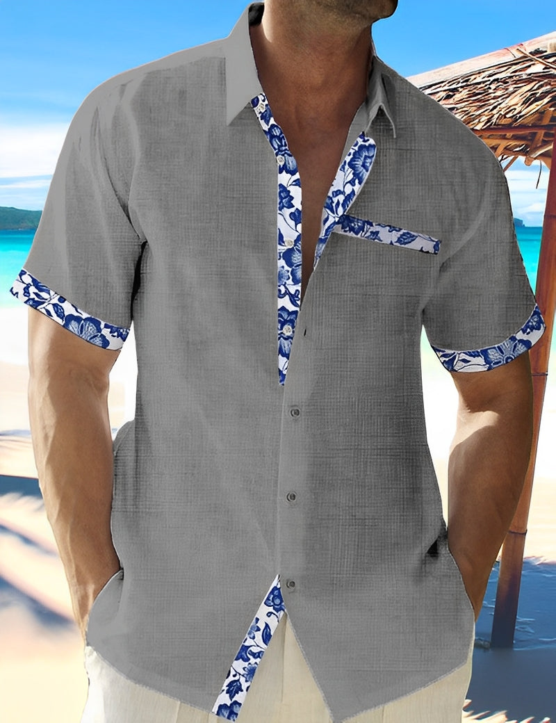 Homme Chemise Courte Manche avec Garnitures Fleuries et Poche Poitrine