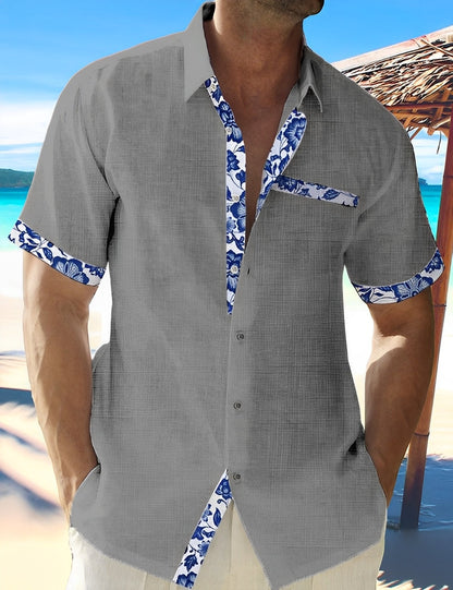 Homme Chemise Courte Manche avec Garnitures Fleuries et Poche Poitrine