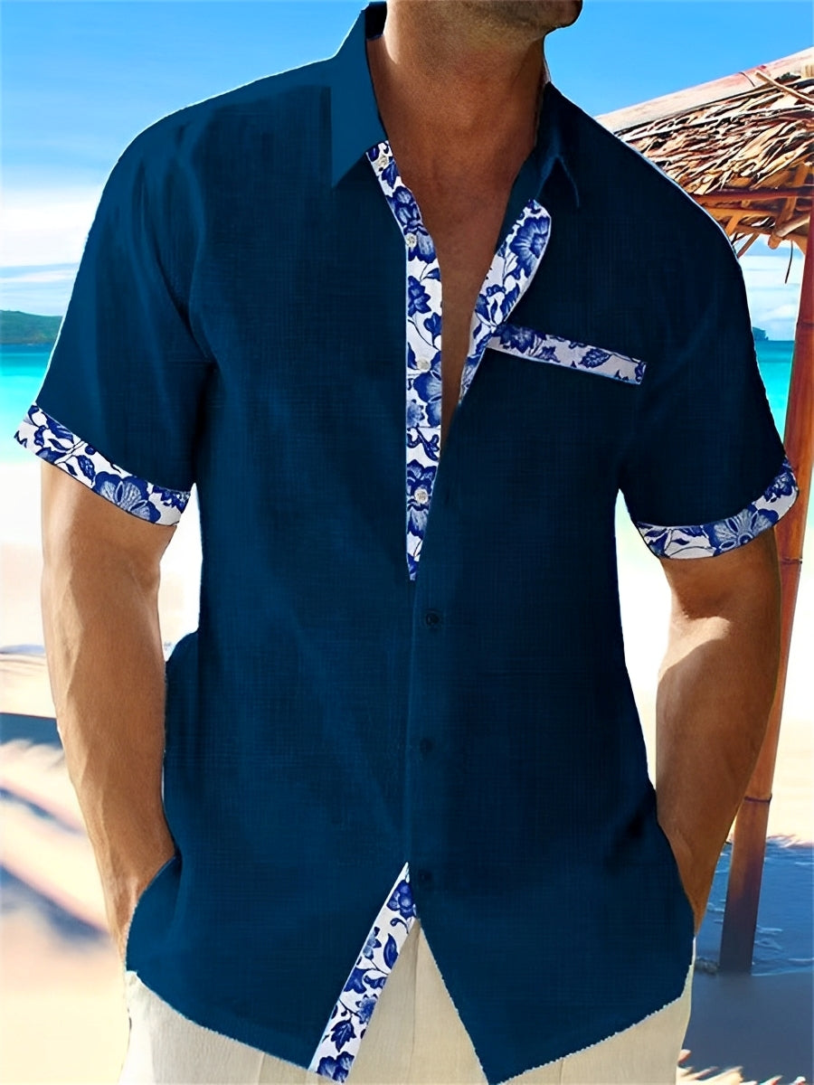 Homme Chemise Courte Manche avec Garnitures Fleuries et Poche Poitrine