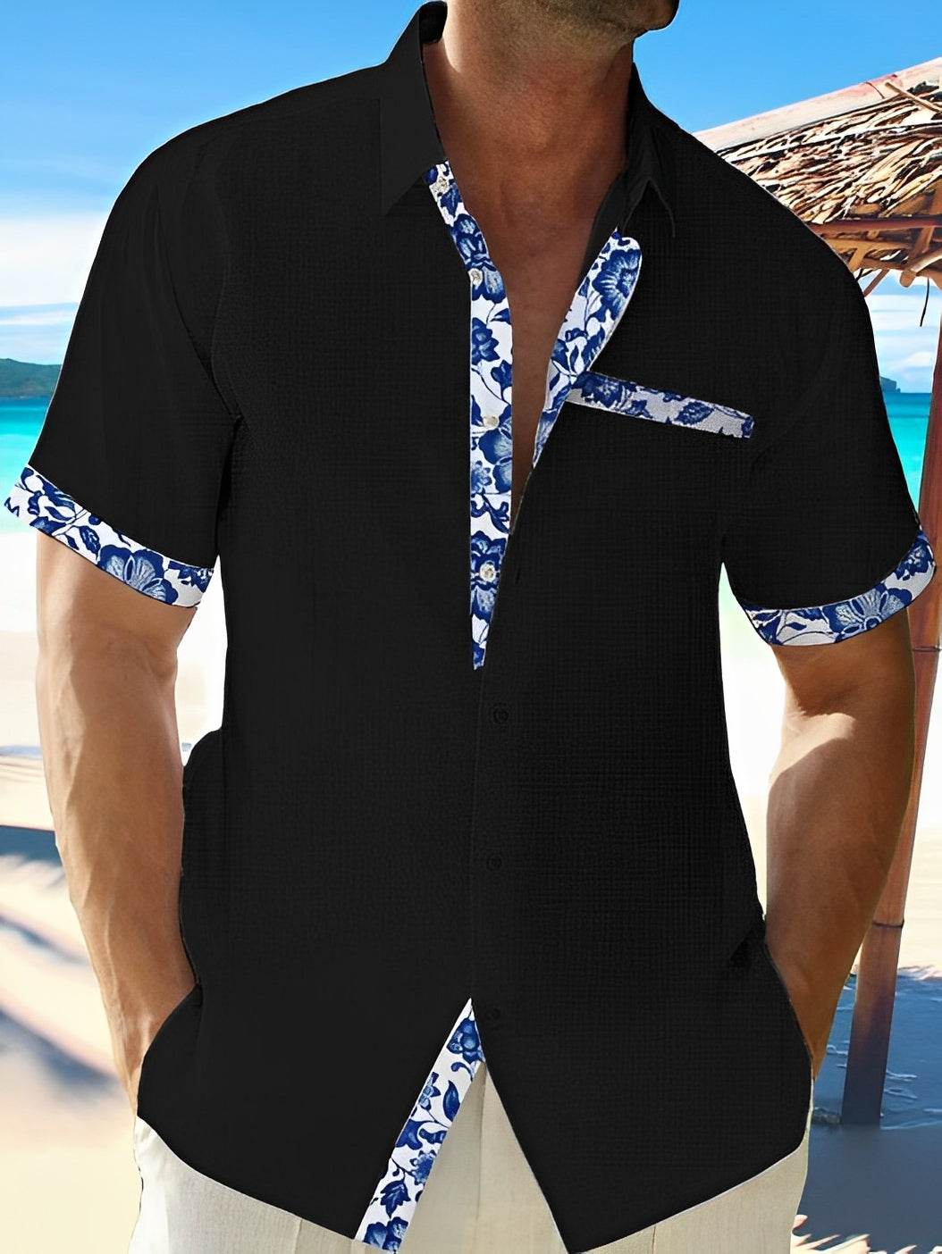 Homme Chemise Courte Manche avec Garnitures Fleuries et Poche Poitrine