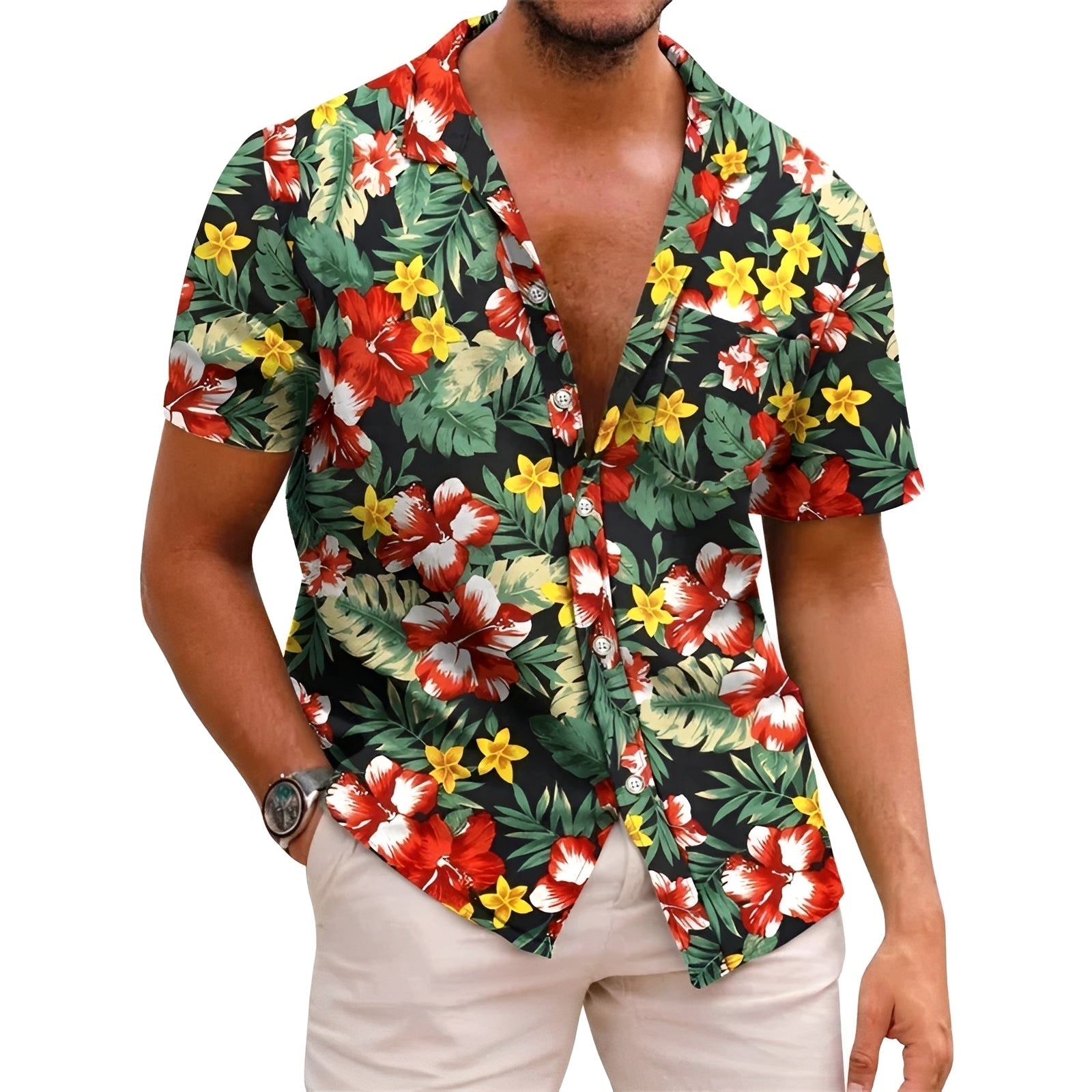 Homme Chemise Hawaïenne Manches Courtes à Imprimé Tropical et Col Revers