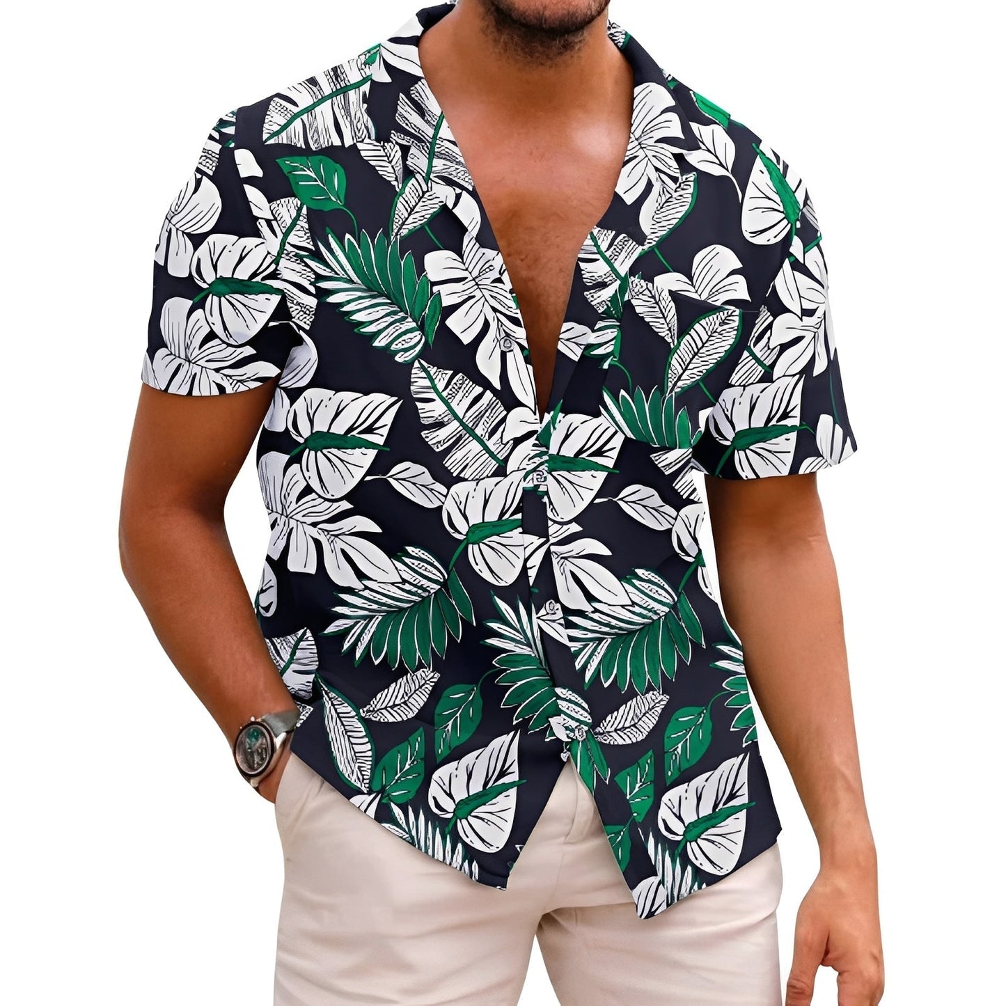 Homme Chemise Hawaïenne Manches Courtes à Imprimé Tropical et Col Revers