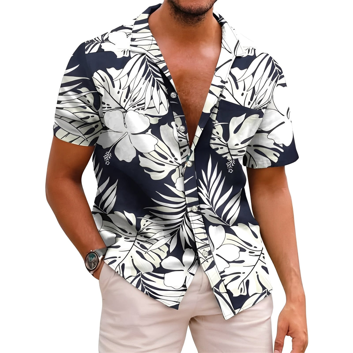 Homme Chemise Hawaïenne Manches Courtes à Imprimé Tropical et Col Revers