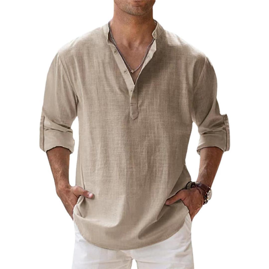 Homme Chemise Henley Manches Longues avec Col Mao et Boutonnage