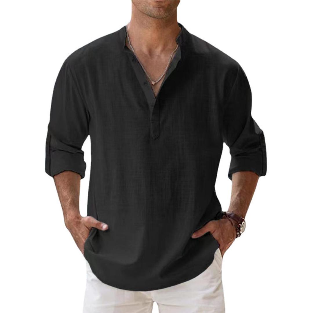 Homme Chemise Henley Manches Longues avec Col Mao et Boutonnage