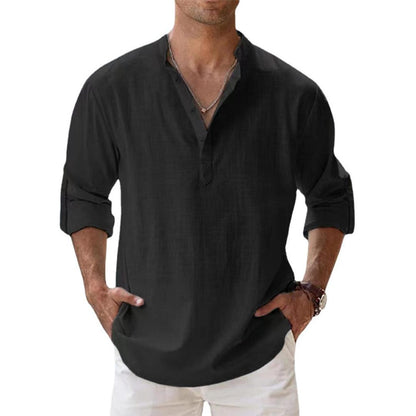 Homme Chemise Henley Manches Longues avec Col Mao et Boutonnage