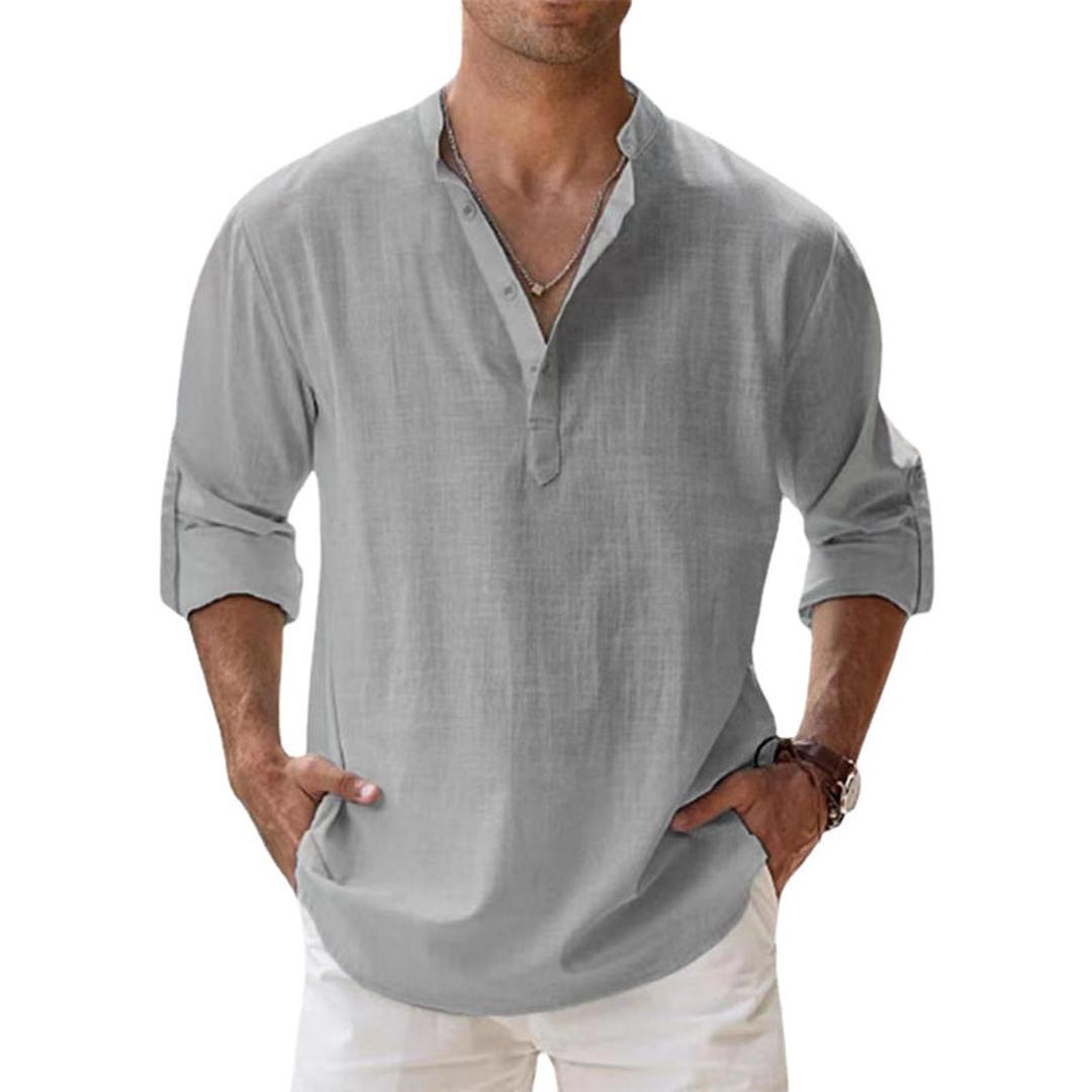 Homme Chemise Henley Manches Longues avec Col Mao et Boutonnage