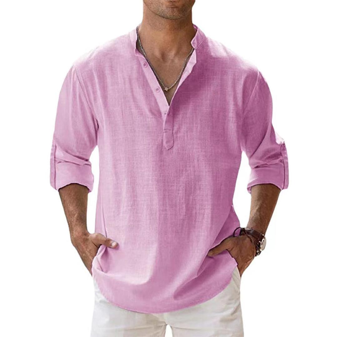 Homme Chemise Henley Manches Longues avec Col Mao et Boutonnage