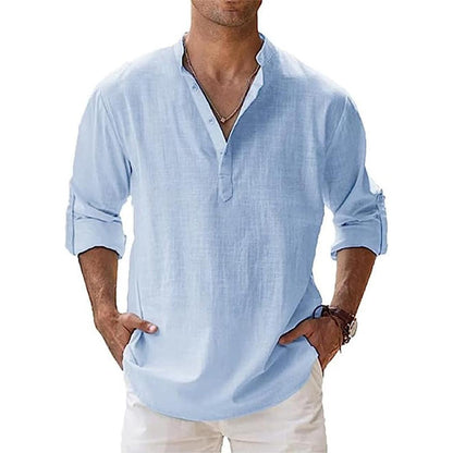 Homme Chemise Henley Manches Longues avec Col Mao et Boutonnage