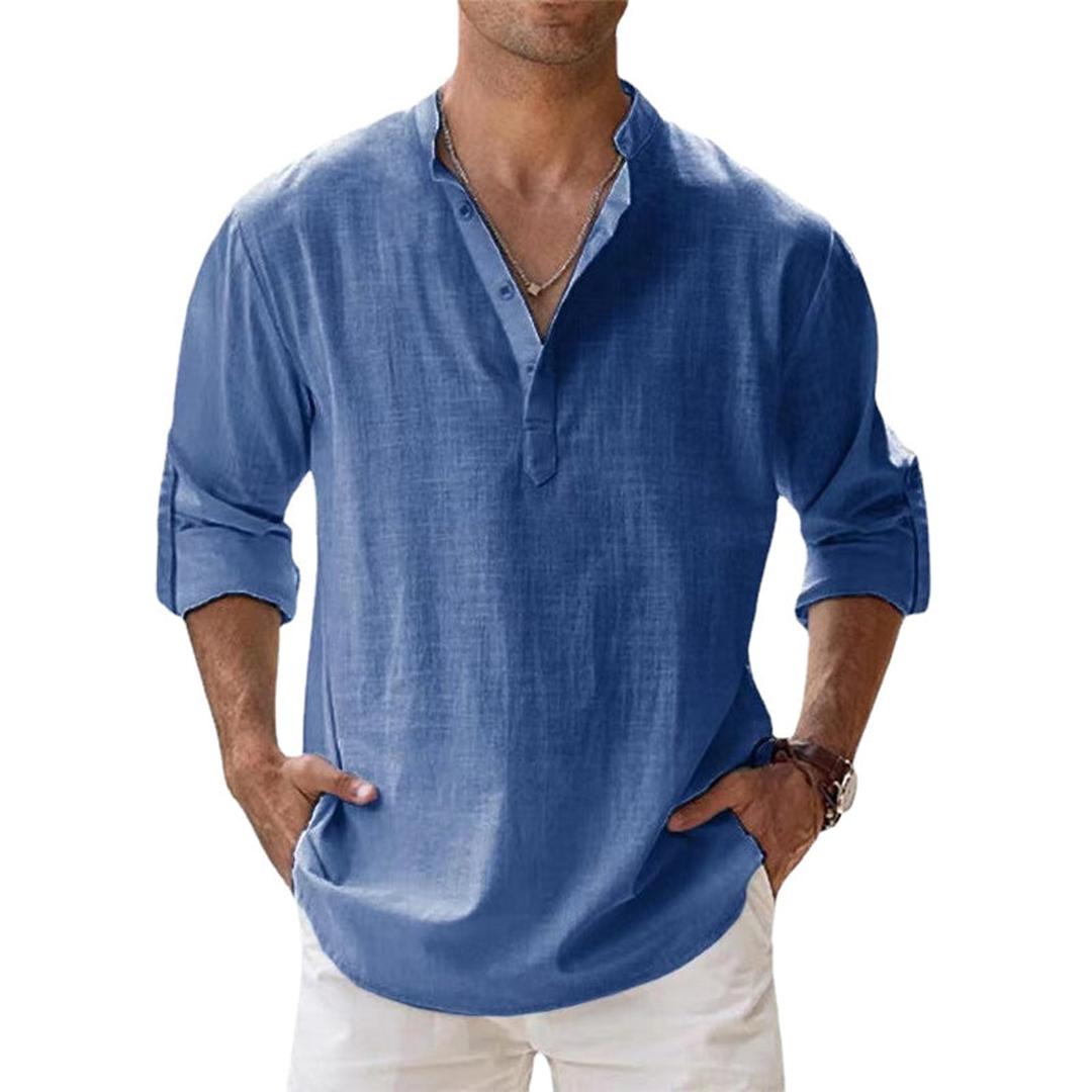 Homme Chemise Henley Manches Longues avec Col Mao et Boutonnage
