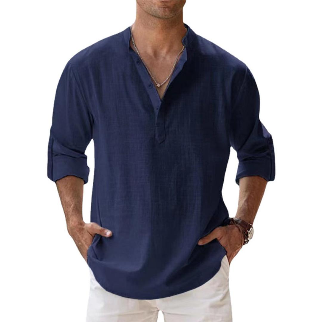 Homme Chemise Henley Manches Longues avec Col Mao et Boutonnage