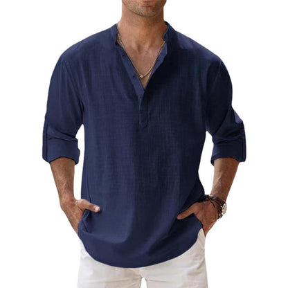 Homme Chemise Henley Manches Longues avec Col Mao et Boutonnage