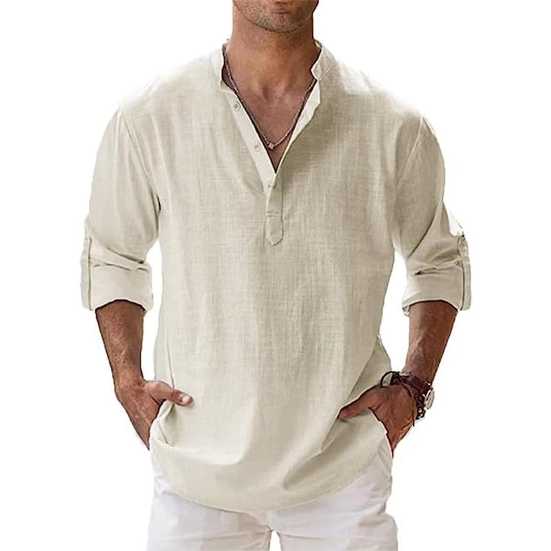 Homme Chemise Henley Manches Longues avec Col Mao et Boutonnage