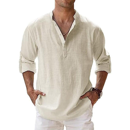Homme Chemise Henley Manches Longues avec Col Mao et Boutonnage