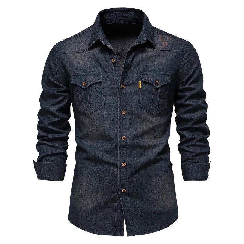 Homme Chemise Jean Manches Longues avec Double Poche et Boutons