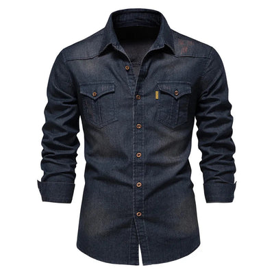 Homme Chemise Jean Manches Longues avec Double Poche et Boutons