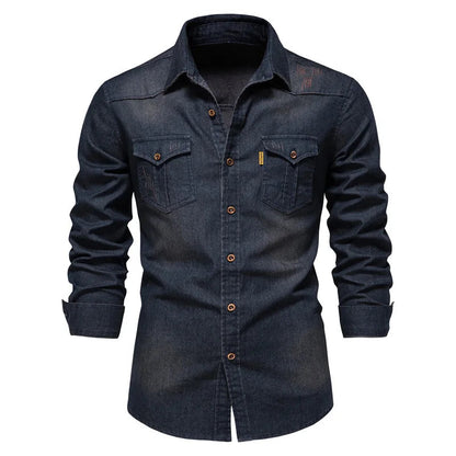 Homme Chemise Jean Manches Longues avec Double Poche et Boutons