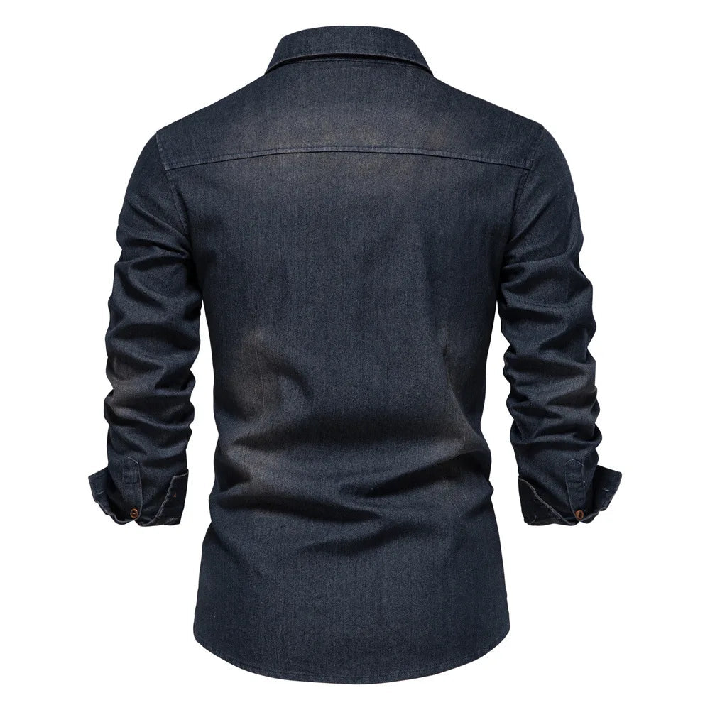 Homme Chemise Jean Manches Longues avec Double Poche et Boutons