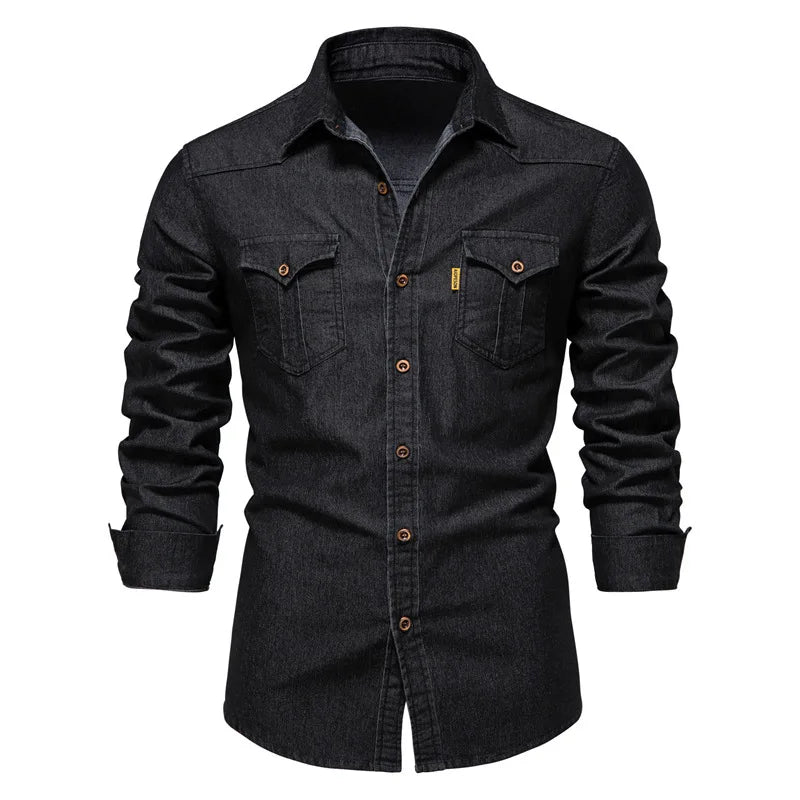 Homme Chemise Jean Manches Longues avec Double Poche et Boutons