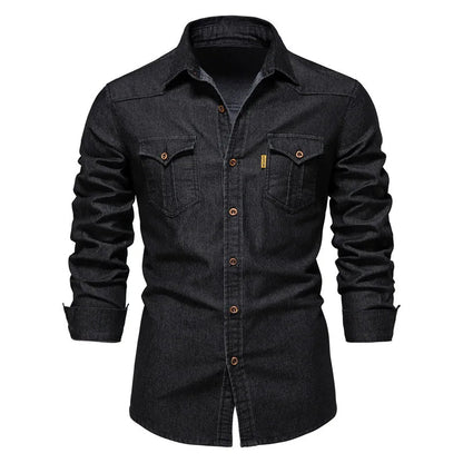Homme Chemise Jean Manches Longues avec Double Poche et Boutons