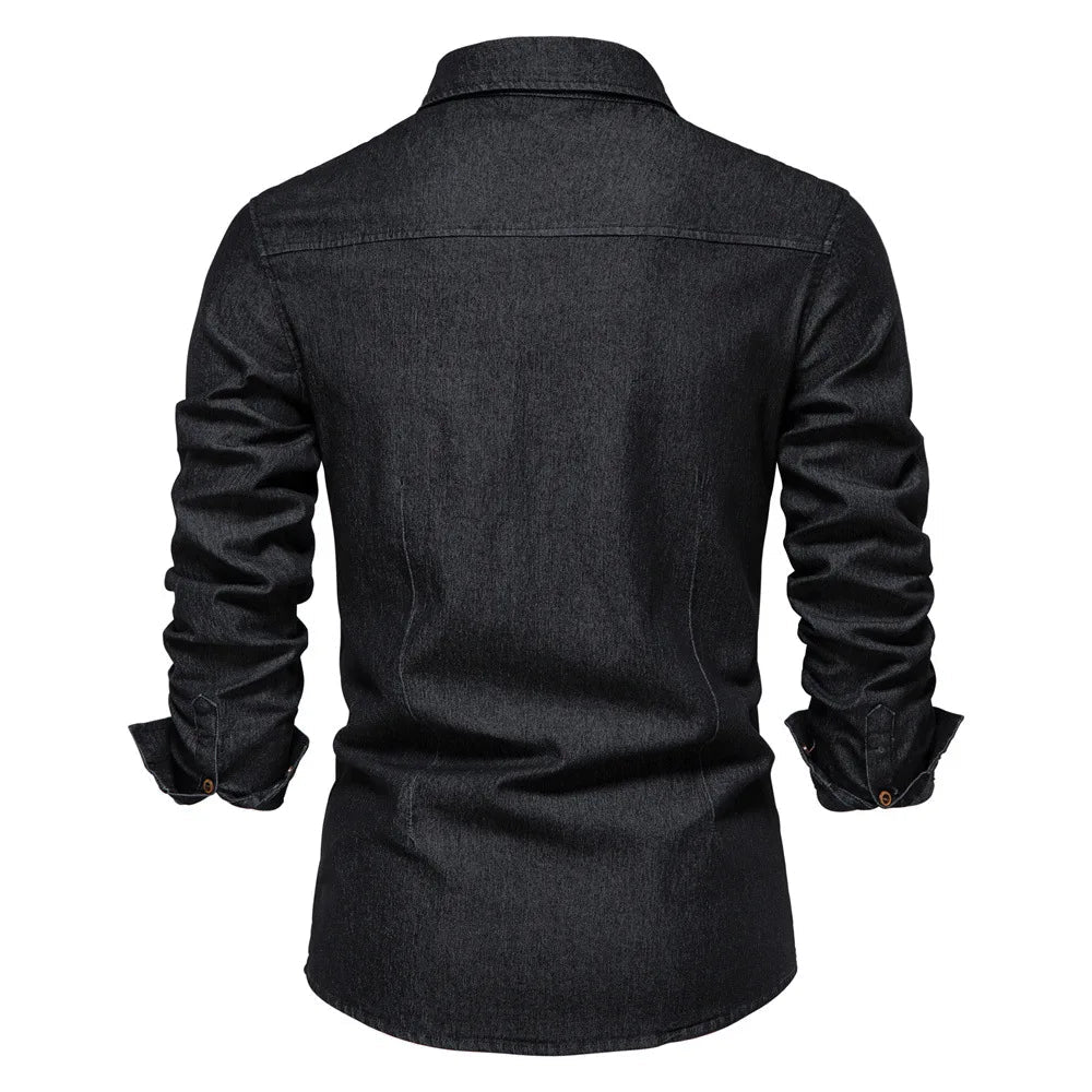 Homme Chemise Jean Manches Longues avec Double Poche et Boutons
