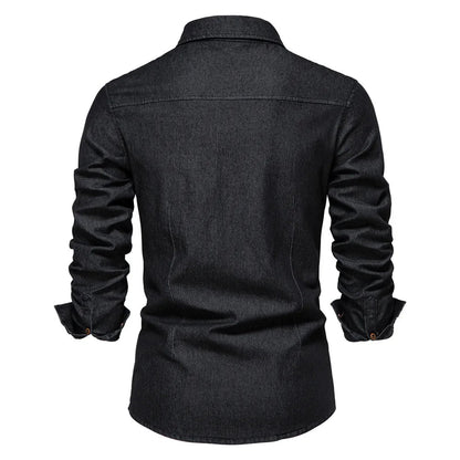 Homme Chemise Jean Manches Longues avec Double Poche et Boutons