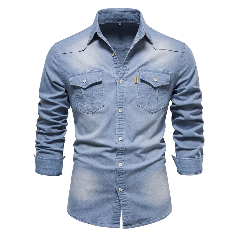 Homme Chemise Jean Manches Longues avec Double Poche et Boutons