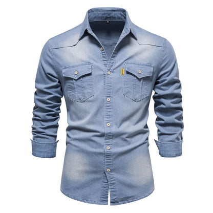 Homme Chemise Jean Manches Longues avec Double Poche et Boutons