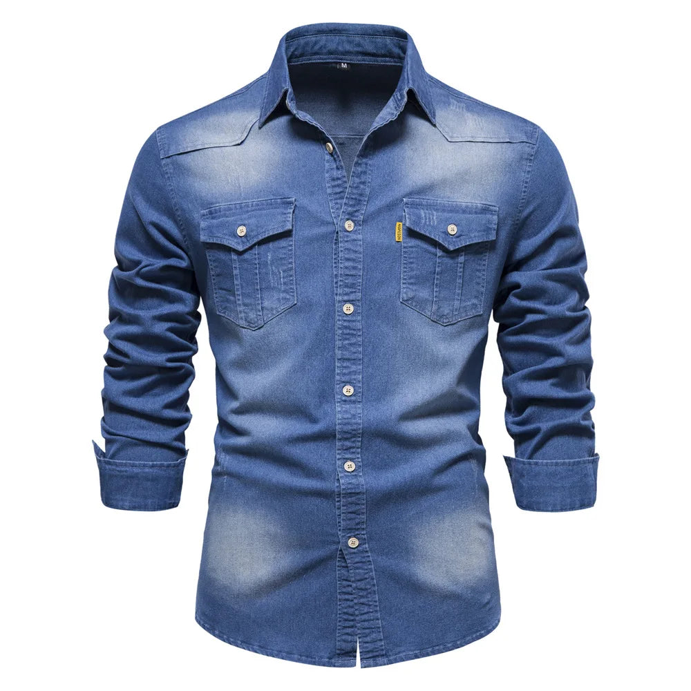 Homme Chemise Jean Manches Longues avec Double Poche et Boutons