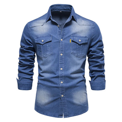 Homme Chemise Jean Manches Longues avec Double Poche et Boutons