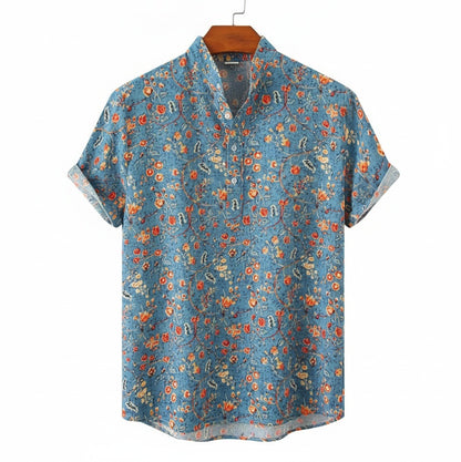 Homme Chemise Manches Courtes à Imprimé Floral et Col Mao