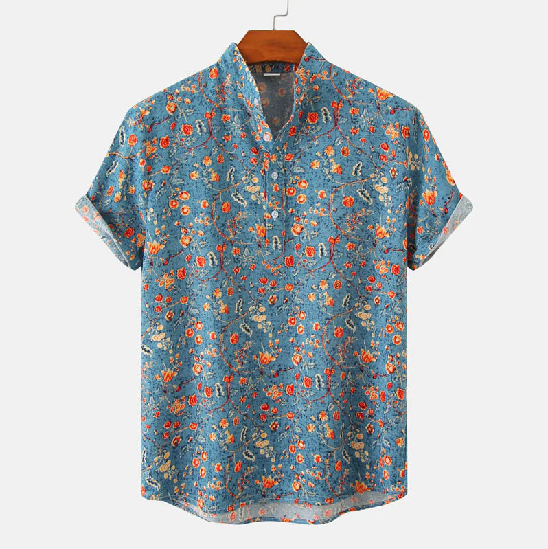 Homme Chemise Manches Courtes à Imprimé Floral et Col Mao