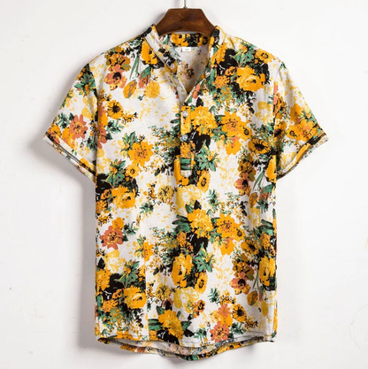 Homme Chemise Manches Courtes à Imprimé Floral et Col Mao