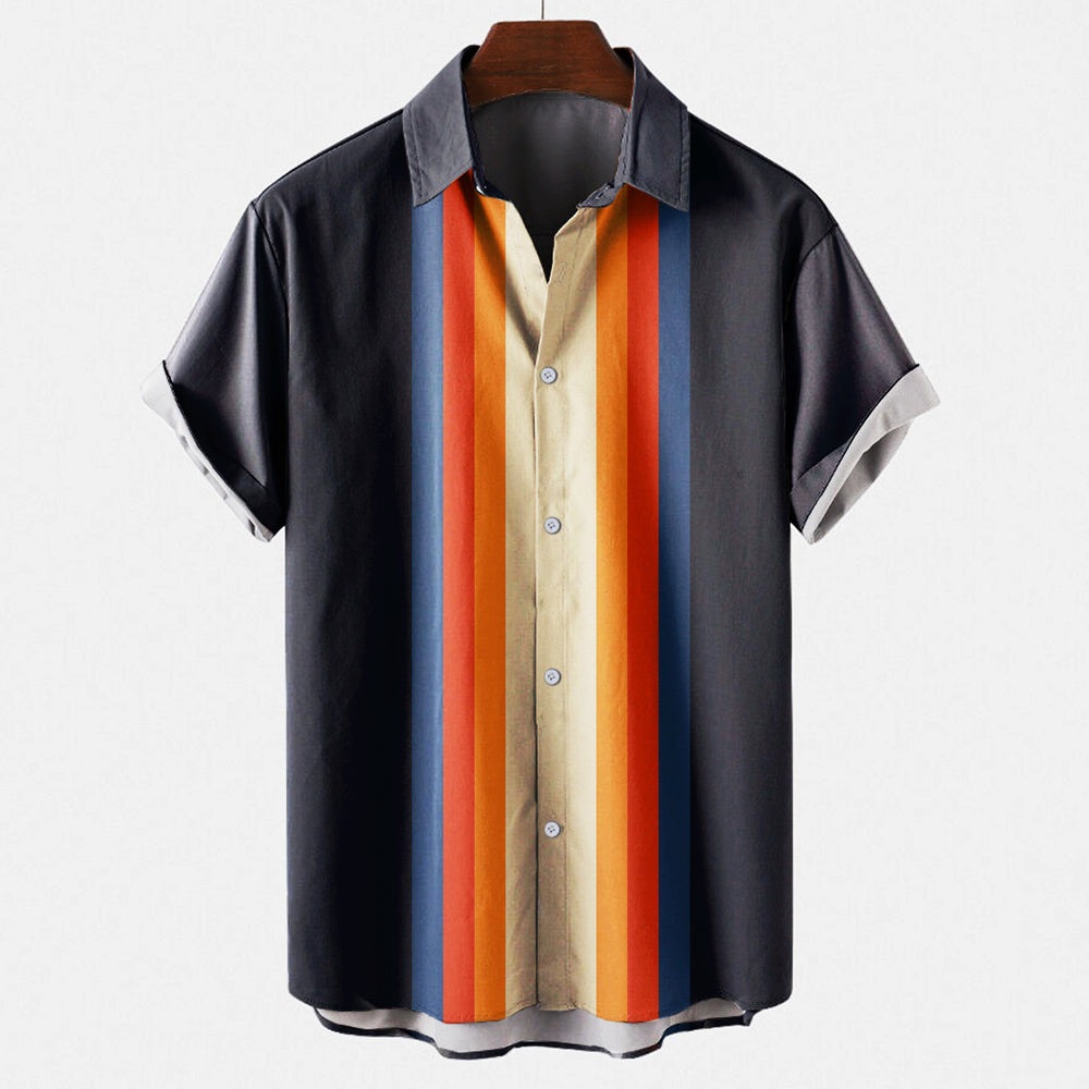 Homme Chemise Manches Courtes à Rayures Rétro et Col Classique