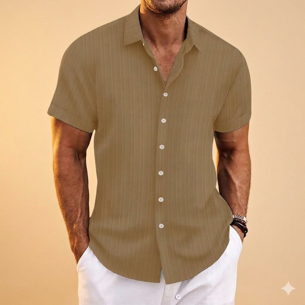 Homme Chemise Manches Courtes à Rayures Verticales et Col Classique