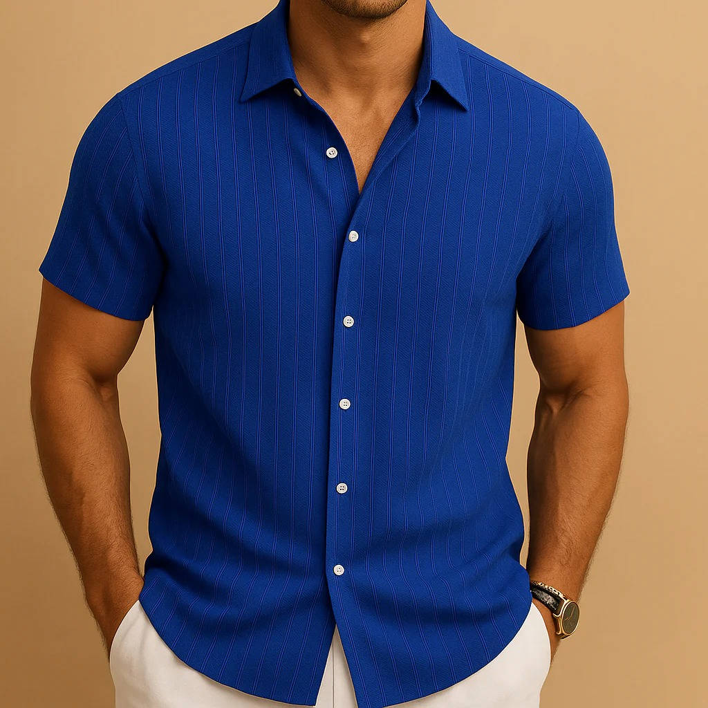 Homme Chemise Manches Courtes à Rayures Verticales et Col Classique