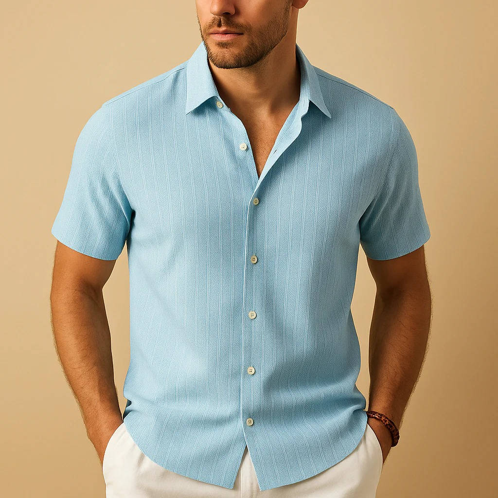 Homme Chemise Manches Courtes à Rayures Verticales et Col Classique